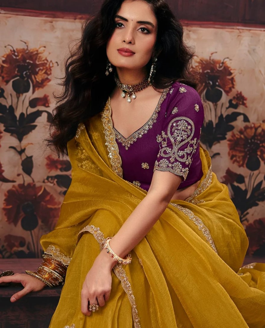 1001 - Yellow & Purple Designer Style Festive Wear Saree
